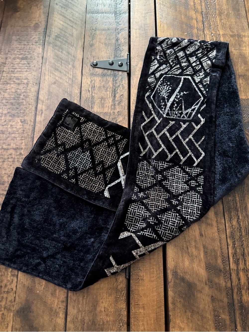 Venetia Stvdivm Black Velvet Scarf with Silver and Gold Geometric Design